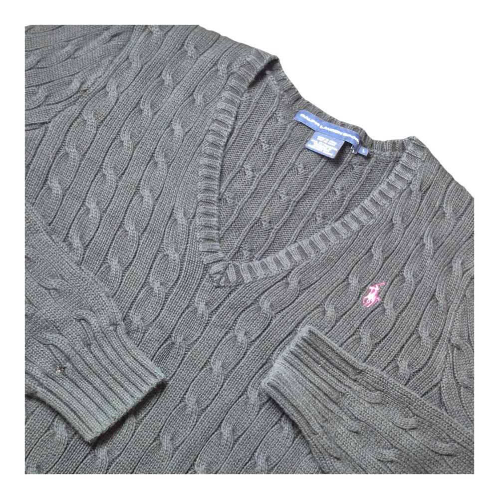 VTG Ralph Lauren Sport Womens L Cable Knit Cotton V Neck Sweater Black Pink Pony